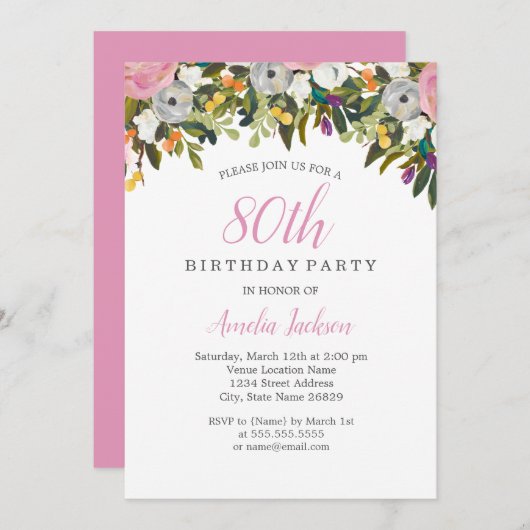 Moderne Floral rose 80e anniversaire Invitation (Devant / Derrière)