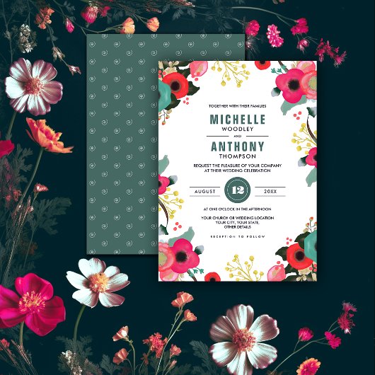 Moderne Floral roze Blauwgroen Aangepaste Weddensc Kaart