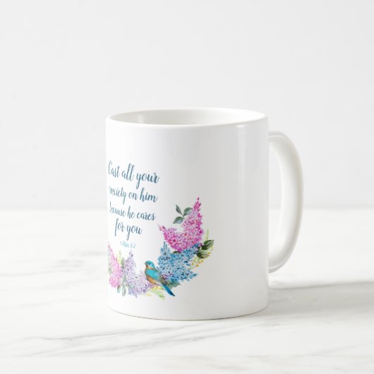 Moderne Floral Scripting 1 Peter 5:7 Koffiemok (Voorkant rechts)