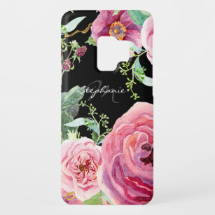 Moderne Floral Waterverf Black en Pink Peonies Case-Mate Samsung Galaxy S9 Hoesje