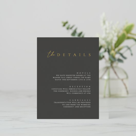 Moderne Folie Black Wedding Details Enclosure Kaar Folie Feestdagen Briefkaart (Staand Voorkant)