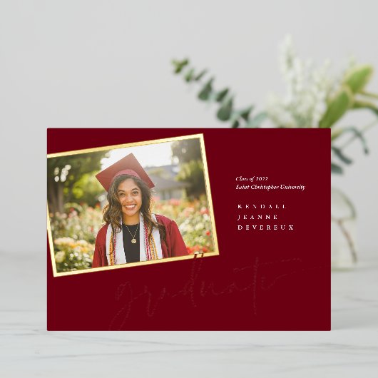Moderne foto Afstuderen aankondiging Folie maroon (Staand Voorkant)