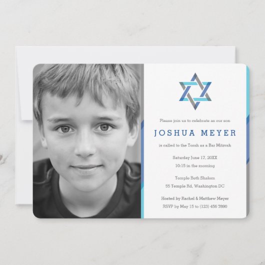 Moderne foto Bar Mitzvah uitnodigingen | Blauw + T (Voorkant)