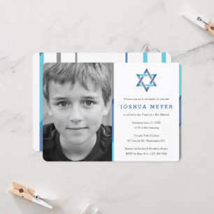 Moderne foto Bar Mitzvah uitnodigingen Blauw + T