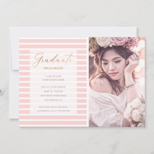 Moderne foto Blush Pink Stripes Afstuderen Kaart (Voorkant)