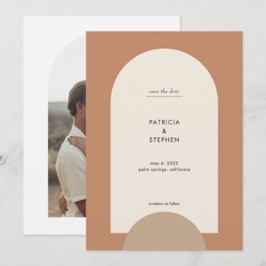Moderne foto Boho Arch Desert Terracotta Zand Save The Date (Voorkant / Achterkant)