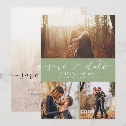 Moderne foto Collage Handgeschreven Sage Green Aankondiging (Voorkant / Achterkant)