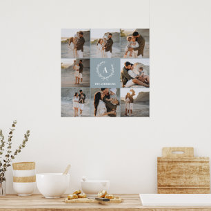 Moderne foto collage krans monogram familie blauw poster