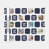 Moderne Foto Collage Monogram Pattern Navy MED. Fleece Deken (Voorkant (Horizontaal))