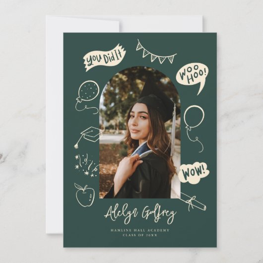 Moderne foto Doodle Afstuderen Groen Aankondiging (Voorkant)