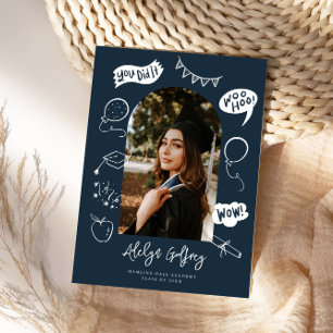 Moderne foto Doodle Afstuderen Navy Blue Aankondiging