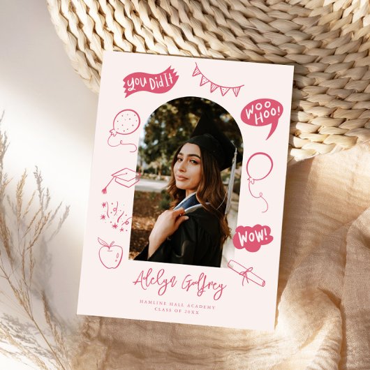 Moderne foto Doodle Afstuderen Roze Aankondiging