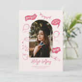 Moderne foto Doodle Afstuderen Roze Aankondiging (Staand voorkant)