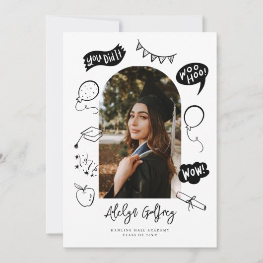 Moderne foto Doodle Afstuderen Wit Afstuderen Aankondiging (Voorkant)