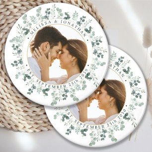 Moderne foto Eucalyptus gepersonaliseerde bruiloft Button Flesopener