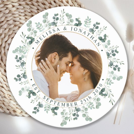Moderne foto Eucalyptus gepersonaliseerde bruiloft Ronde Sticker
