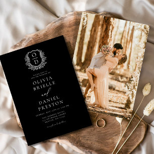 Moderne Foto Floral Crest Monogram Huwelijk Formee Kaart