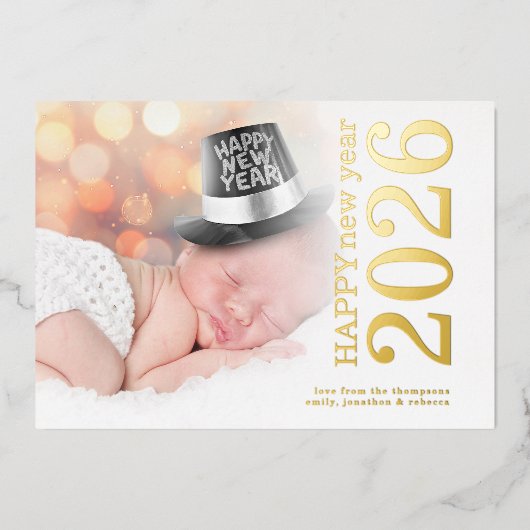 Moderne foto geroteerde tekst Gelukkig Nieuwjaar 2 Folie Feestdagenkaart (Voorkant)