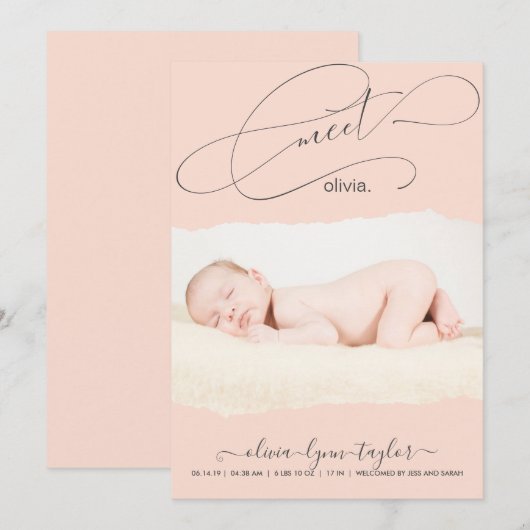 Moderne foto gescheurde papierraam geboorteaankond kaart (Voorkant / Achterkant)