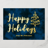Moderne foto Kerstboom blauw goud vakantiekaart Folie Feestdagen Briefkaart (Voorkant)