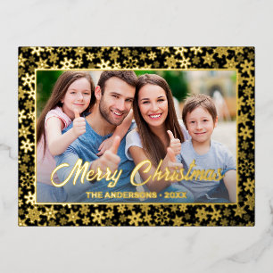Moderne foto Kerstelegant zwart en goud Folie Feestdagen Briefkaart