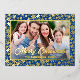 Moderne foto Kerstelegante sneeuwvlok blauw Folie Feestdagen Briefkaart