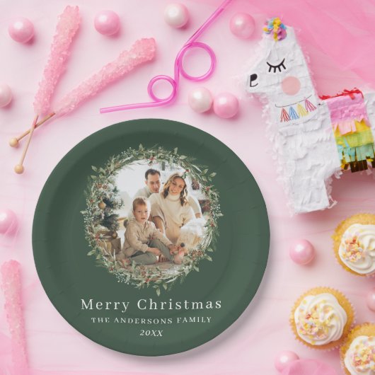 Moderne foto Kerstkrans groen Papieren Bordje (Feest)