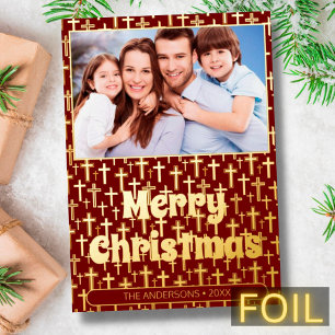 Moderne foto kerstkruis elegante rode bogung folie feestdagenkaart