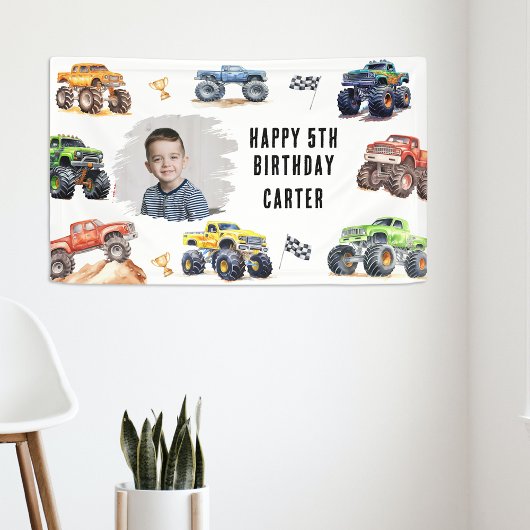 Moderne foto | Kinder Monster Trucks Verjaardagsfe Spandoek