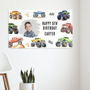 Moderne foto   Kinderen Monstertrucks verjaardagsf Spandoek