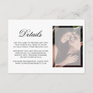 Moderne foto met details over chic Script Wedding Informatiekaartje
