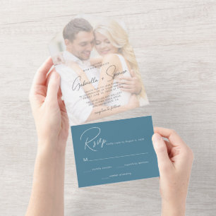 Moderne foto-overlay Cobalt Blue Wedding All In One Uitnodiging