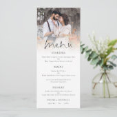Moderne foto-overlay Elegant Script Wedding Menu (Staand voorkant)