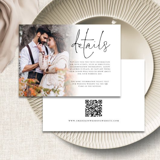 Moderne foto overlay QR code details bruiloft Informatiekaartje