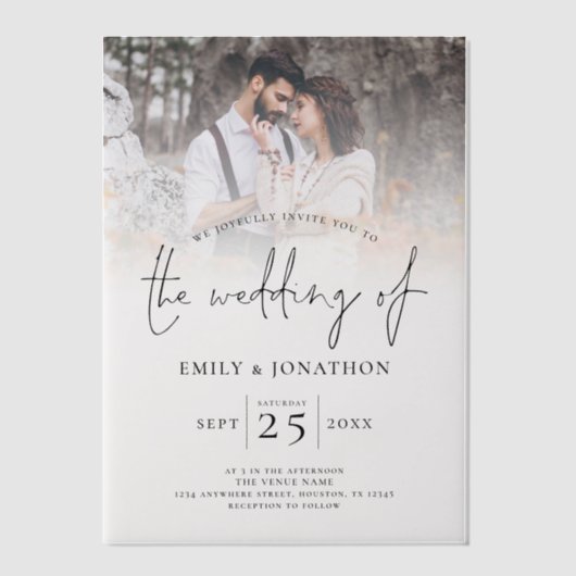 Moderne foto overlay script bruiloft vellum uitnodigingen (Voorkant)