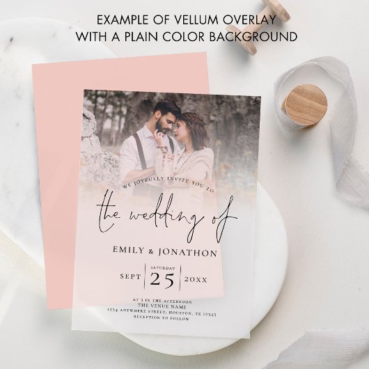 Moderne foto overlay script bruiloft vellum uitnodigingen