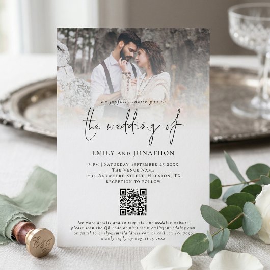 Moderne foto-overlay-script QR-code bruiloft Kaart