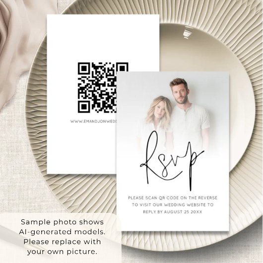 Moderne foto-overlay script QR-code bruiloft RSVP Kaartje