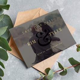 Moderne foto overlay zwart goud bruiloft save the date