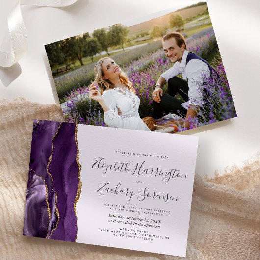 Moderne foto Paars Gold Agate Lavender Wedding Kaart