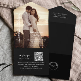 Moderne foto QR Code Black Wedding All In One Uitnodiging