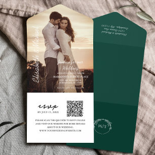 Moderne foto QR Code Smaragd Groene Bruiloft All In One Uitnodiging