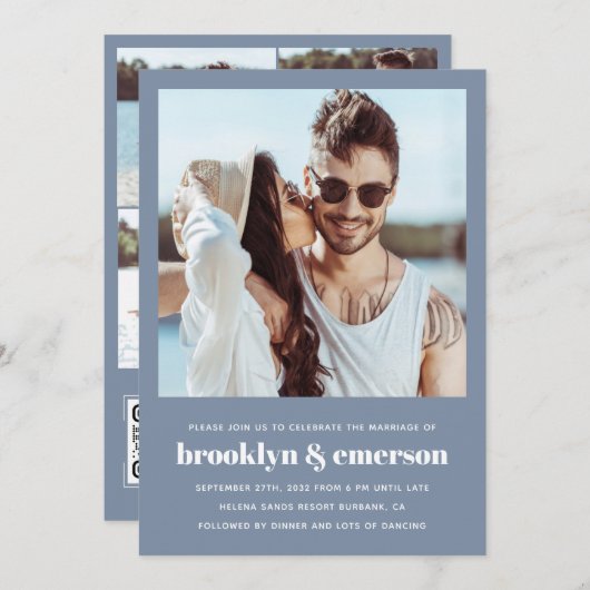 Moderne foto QR-code Stusty Blue Wedding Kaart (Voorkant / Achterkant)