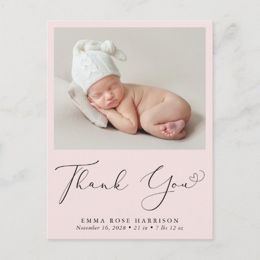 Moderne foto roze Dank je geboorte Aankondigingskaart (Voorkant)