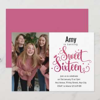 Moderne Foto Roze Glitter Sweet 16e Verjaardag Kaart