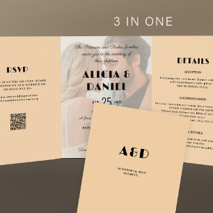 Moderne foto rsvp details QR crème zwarte bruiloft Drieluik Uitnodiging