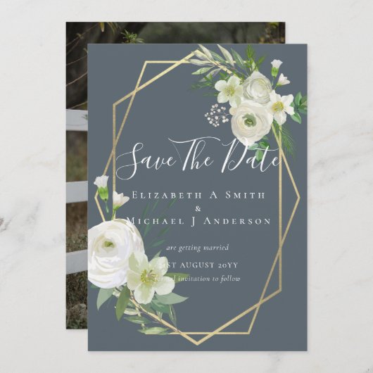 Moderne foto Save Dates White Floral Greenery Leaf (Voorkant / Achterkant)