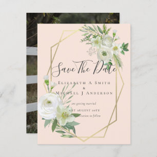 Moderne foto Save Dates White Floral Greenery Leaf