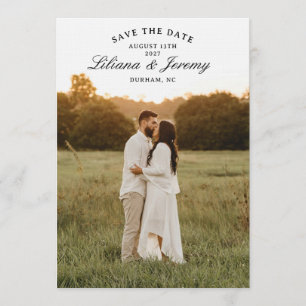 Moderne foto save the date met gebogen tekst kaart
