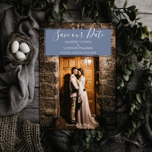 Moderne foto save the date stoffig blauw